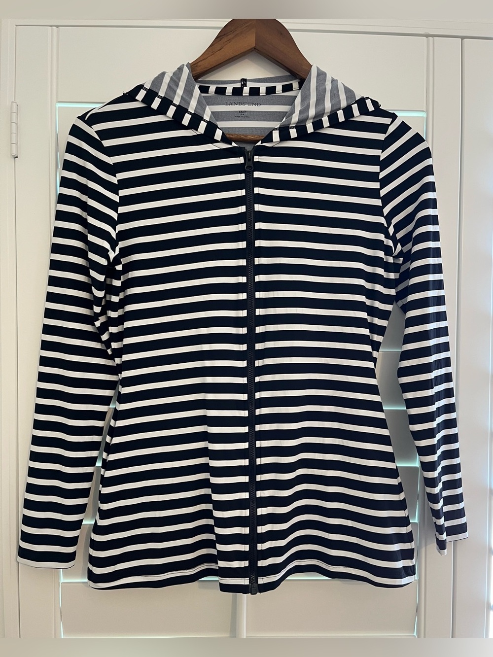 Lands' End Black and White Striped Zip Hoodie